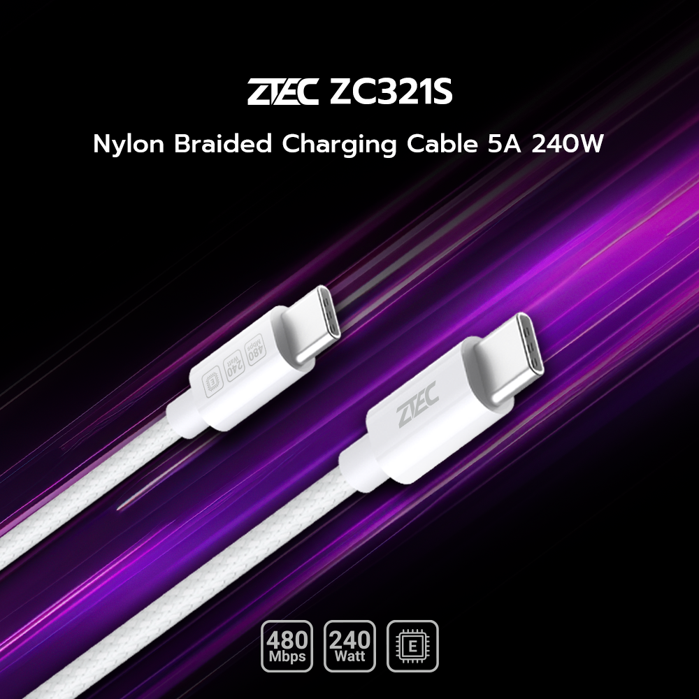 สายชาร์จเร็ว ZTEC รุ่น ZC321S USB-C TO USB-C 5A 240W 1 เมตร สีขาว (รองรับเทคโนโลยี PD และ QC)_1